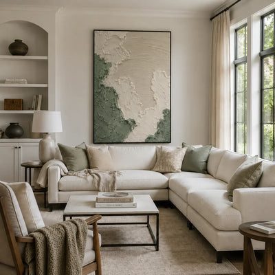 Sage Relief Textured Wall Art styled in a modern living room | Olyrel