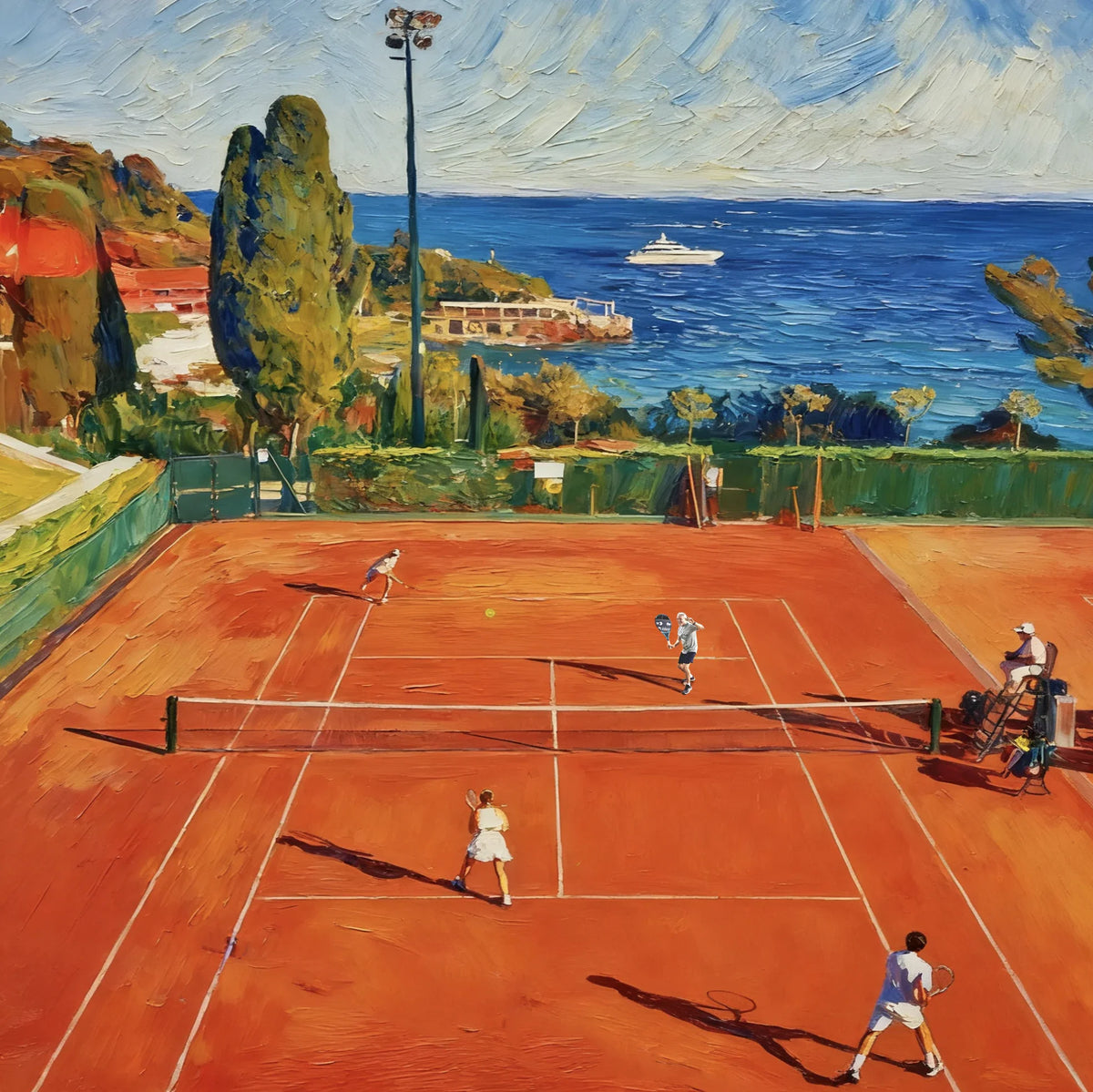 Terracotta Tennis Court above a Blue Bay Wall Art artwork view | Olyrel