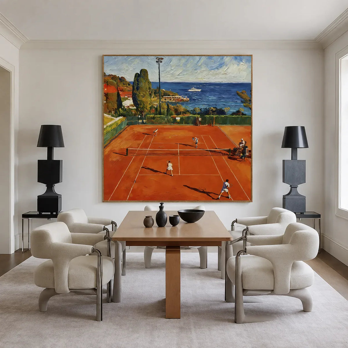 Terracotta Tennis Court above a Blue Bay Wall Art styled interior scene 1 | Olyrel