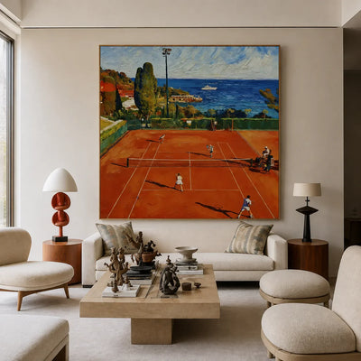 Terracotta Tennis Court above a Blue Bay Wall Art styled interior scene 2 | Olyrel