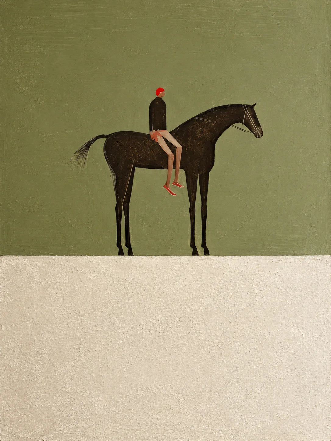 Red-Capped Rider on a Dark Horse in Olive Wall Art artwork view | Olyrel