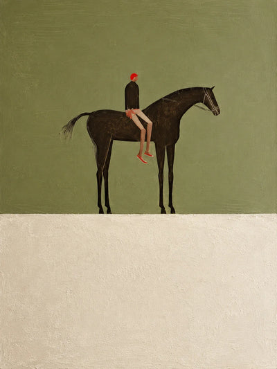 Red-Capped Rider on a Dark Horse in Olive Wall Art artwork view | Olyrel