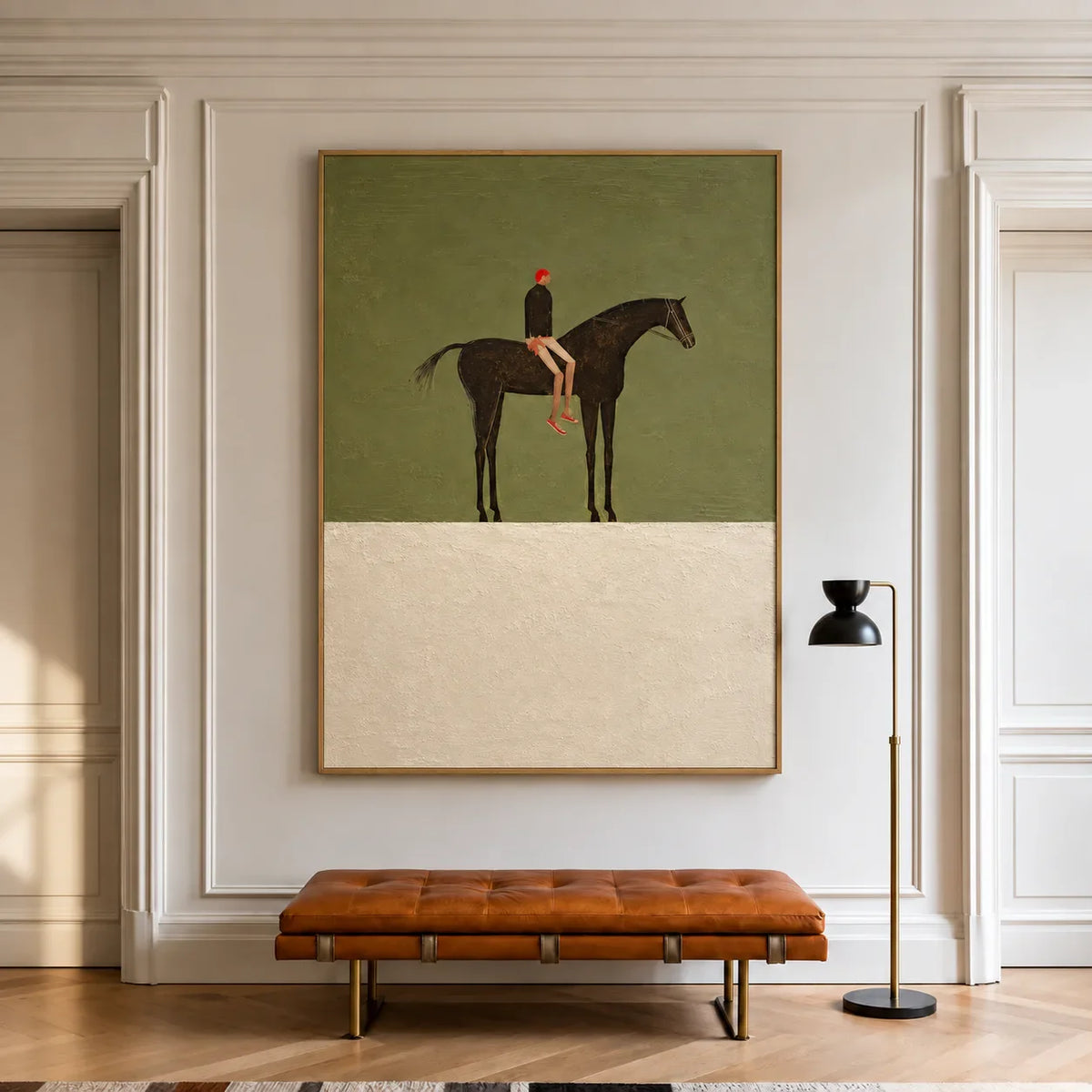 Red-Capped Rider on a Dark Horse in Olive Wall Art styled interior scene 1 | Olyrel