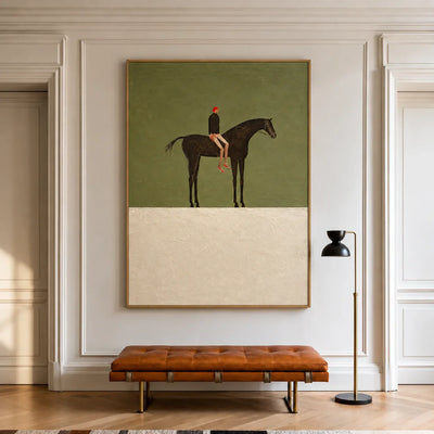 Red-Capped Rider on a Dark Horse in Olive Wall Art styled interior scene 1 | Olyrel