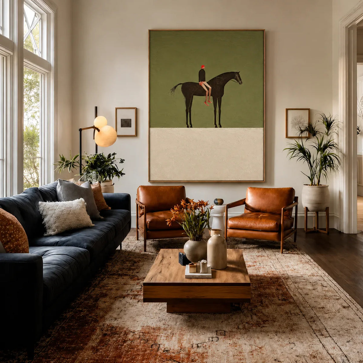 Red-Capped Rider on a Dark Horse in Olive Wall Art styled interior scene 2 | Olyrel