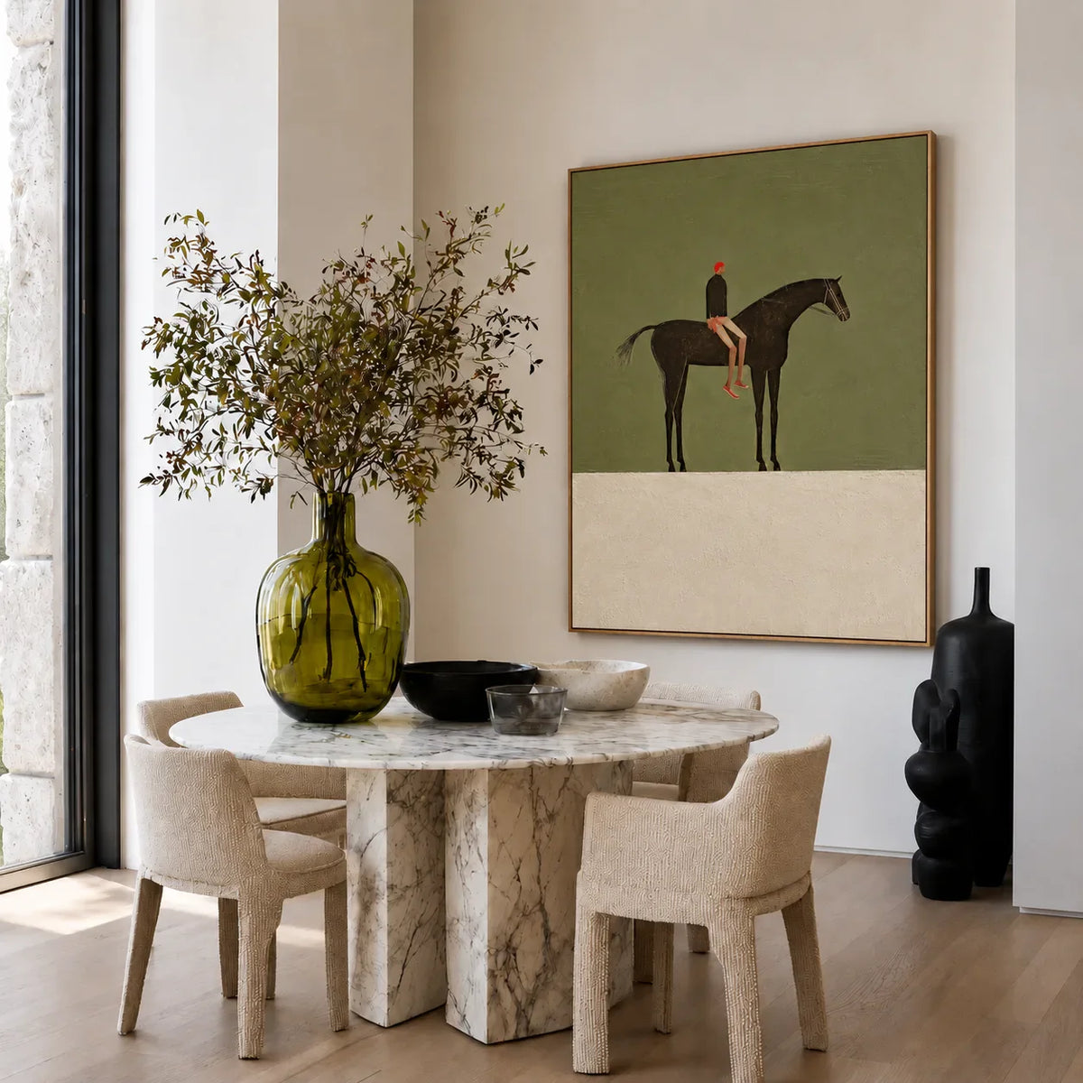 Red-Capped Rider on a Dark Horse in Olive Wall Art styled interior scene 3 | Olyrel