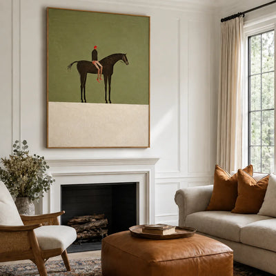 Red-Capped Rider on a Dark Horse in Olive Wall Art styled interior scene 5 | Olyrel