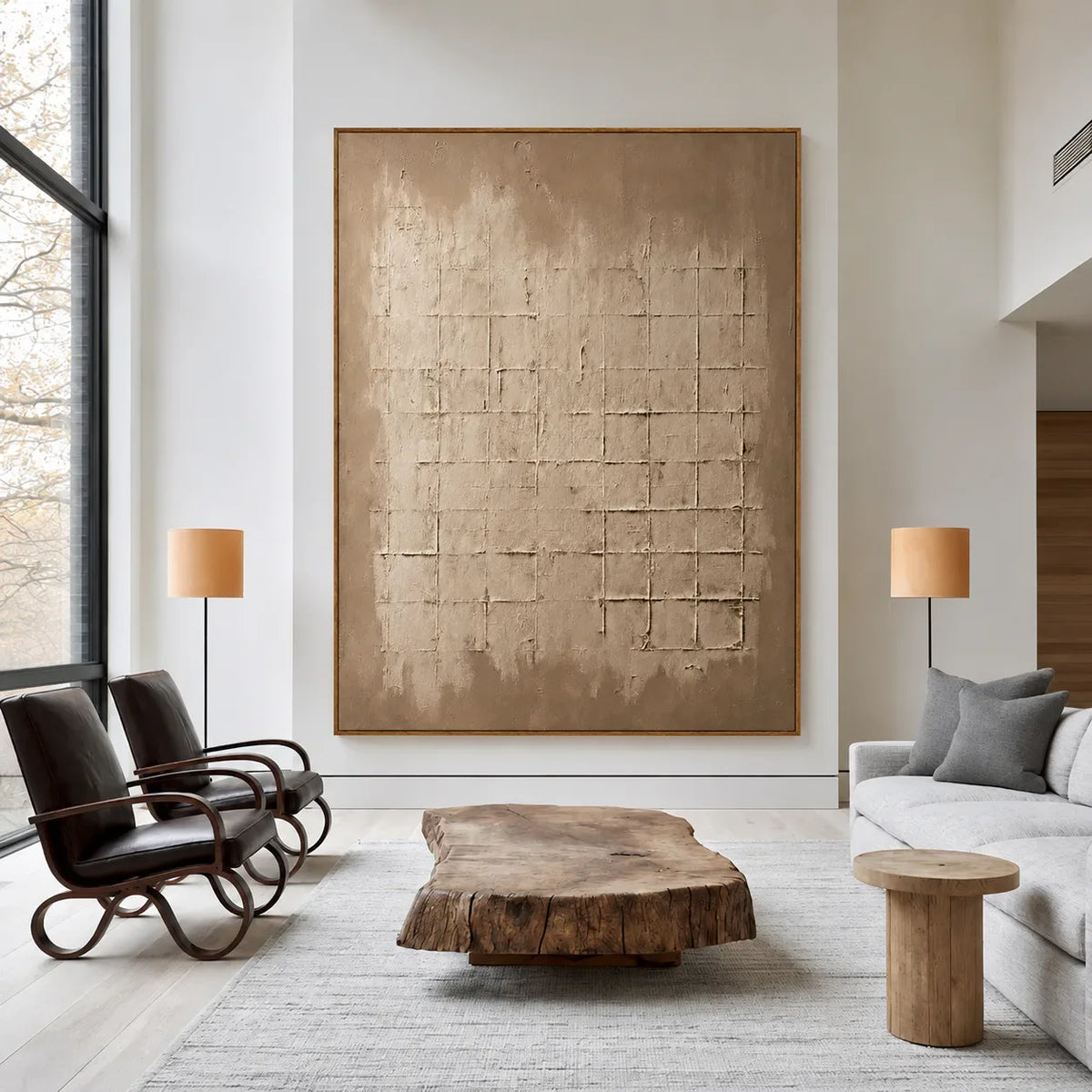 Weathered Sand Grid on Warm Taupe Wall Art styled interior scene 1 | Olyrel