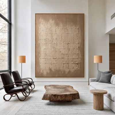 Weathered Sand Grid on Warm Taupe Wall Art styled interior scene 1 | Olyrel