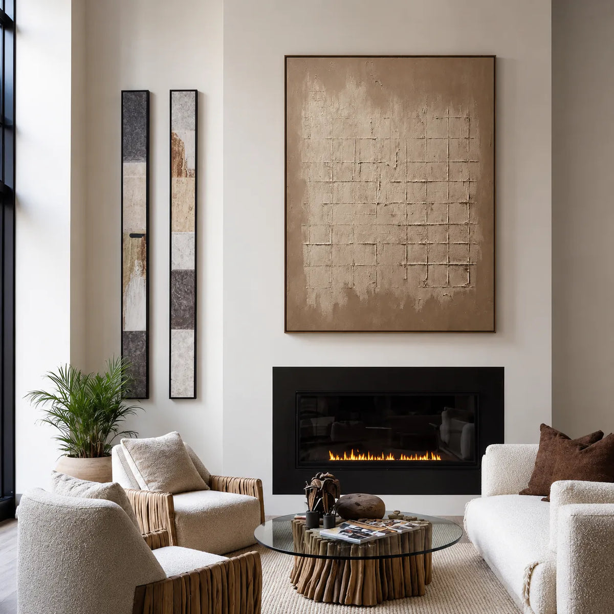Weathered Sand Grid on Warm Taupe Wall Art styled interior scene 4 | Olyrel