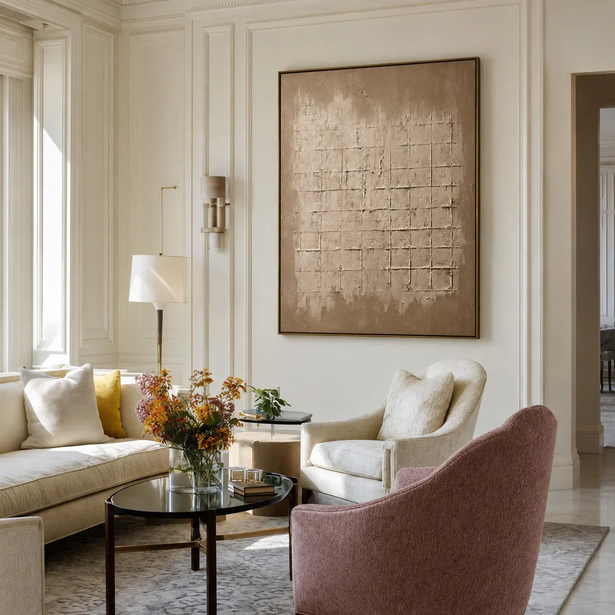 Weathered Sand Grid on Warm Taupe Wall Art styled interior scene 5 | Olyrel