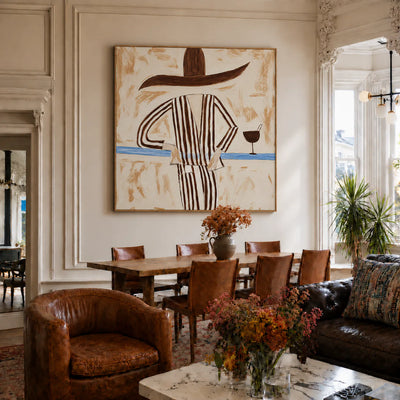 Striped Figure with a Sweeping Hat and Goblet Wall Art styled interior scene 1 | Olyrel