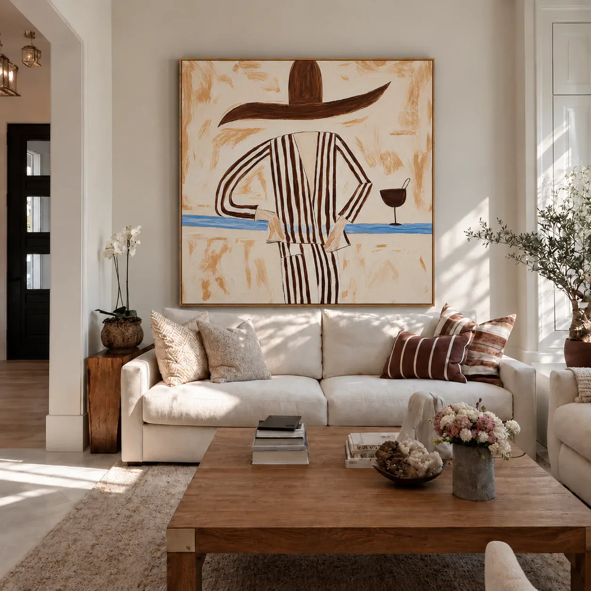 Striped Figure with a Sweeping Hat and Goblet Wall Art styled interior scene 2 | Olyrel