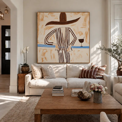 Striped Figure with a Sweeping Hat and Goblet Wall Art styled interior scene 2 | Olyrel