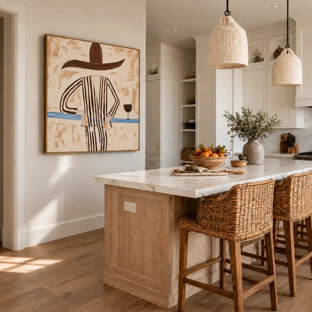 Striped Figure with a Sweeping Hat and Goblet Wall Art styled interior scene 3 | Olyrel