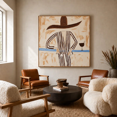 Striped Figure with a Sweeping Hat and Goblet Wall Art styled interior scene 5 | Olyrel