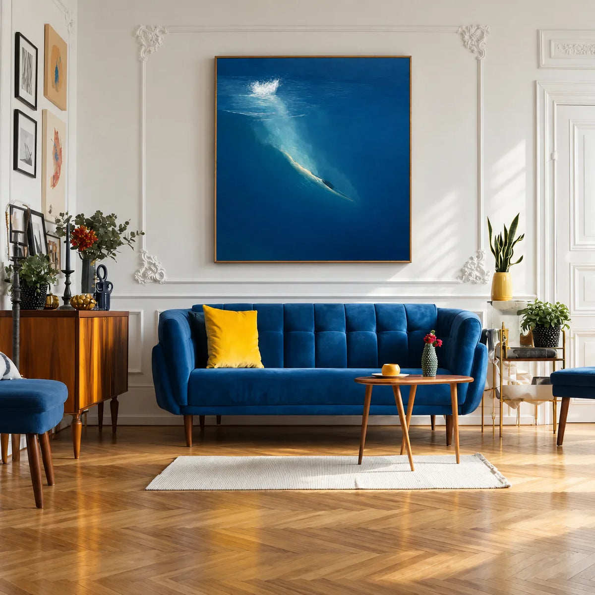 Diver beneath a White Splash in Deep Blue Wall Art styled interior scene 1 | Olyrel