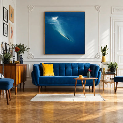 Diver beneath a White Splash in Deep Blue Wall Art styled interior scene 1 | Olyrel