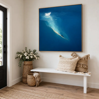 Diver beneath a White Splash in Deep Blue Wall Art styled interior scene 3 | Olyrel