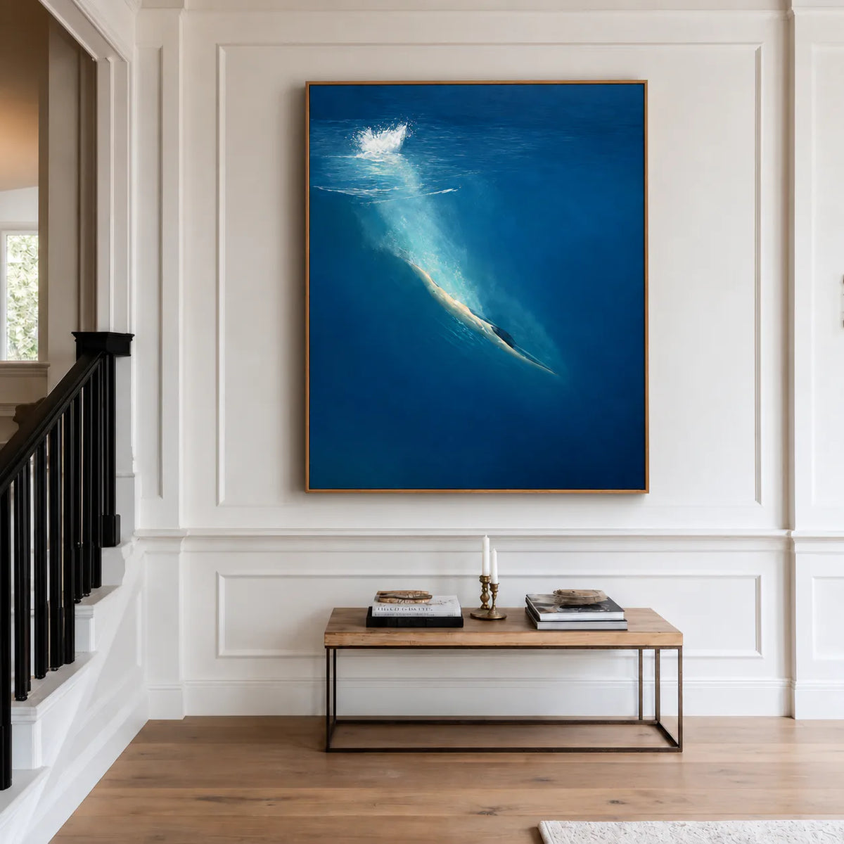 Diver beneath a White Splash in Deep Blue Wall Art styled interior scene 4 | Olyrel