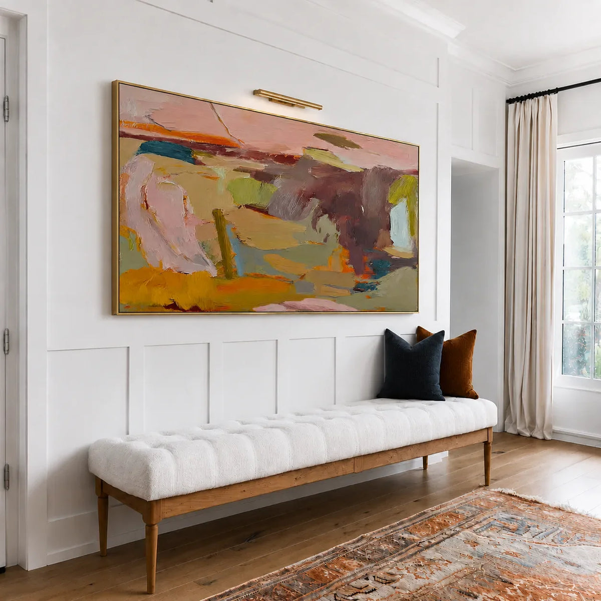 Blush and Ochre Abstract Color Fields Wall Art styled interior scene 1 | Olyrel