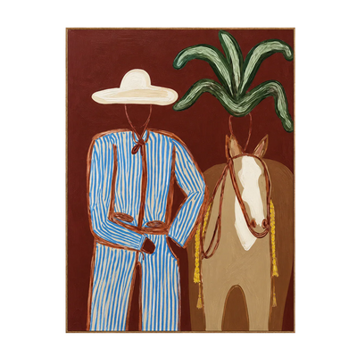 Blue-Striped Cowboy beside a Tan Horse Wall Art | Olyrel