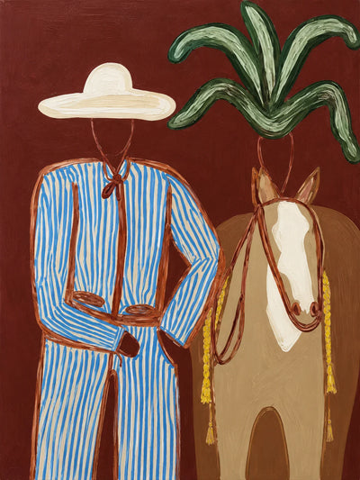 Blue-Striped Cowboy beside a Tan Horse Wall Art artwork view | Olyrel