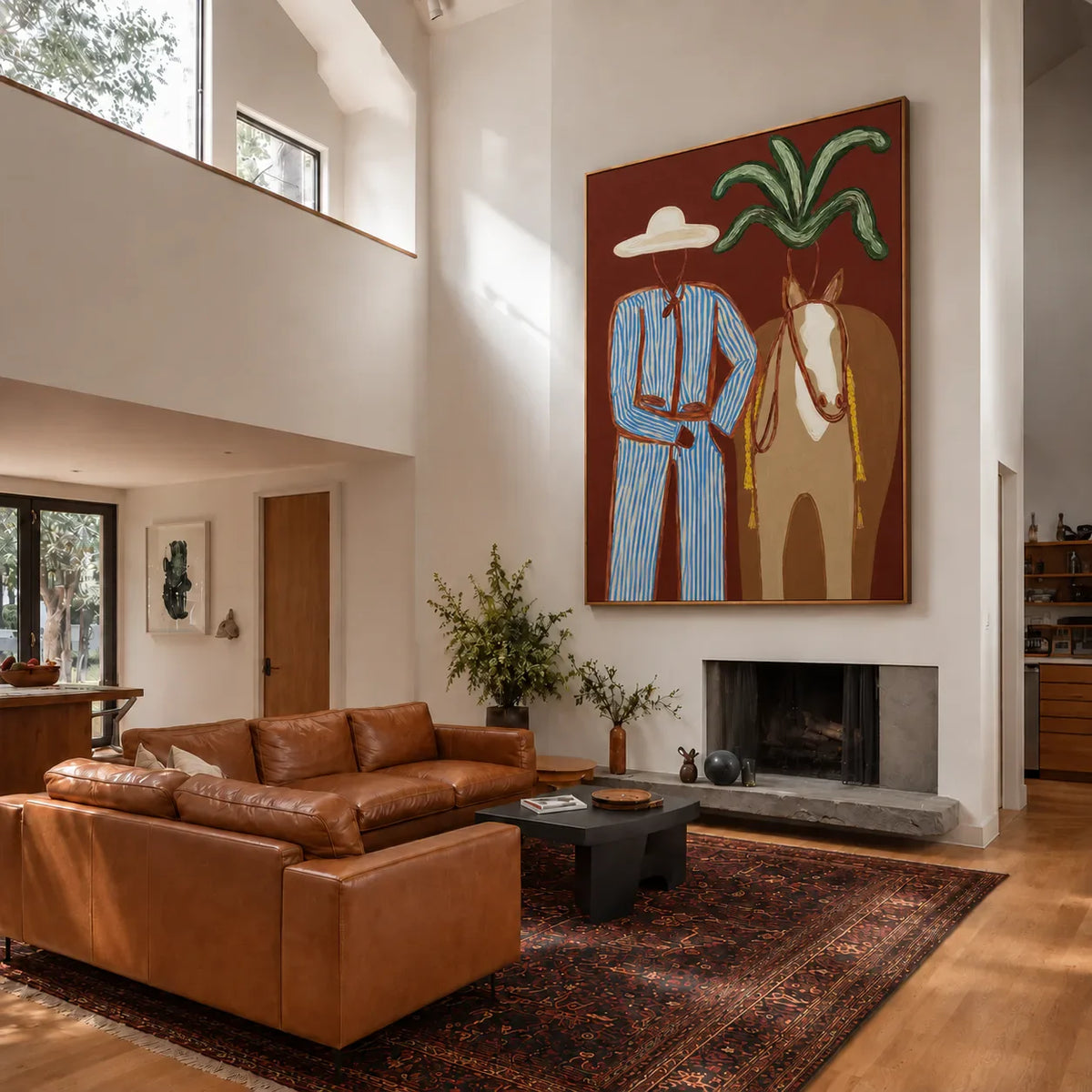 Blue-Striped Cowboy beside a Tan Horse Wall Art styled interior scene 2 | Olyrel