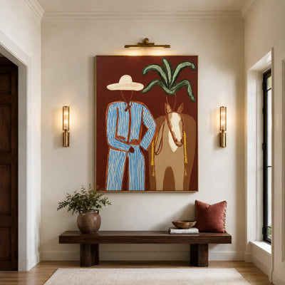Blue-Striped Cowboy beside a Tan Horse Wall Art styled interior scene 3 | Olyrel