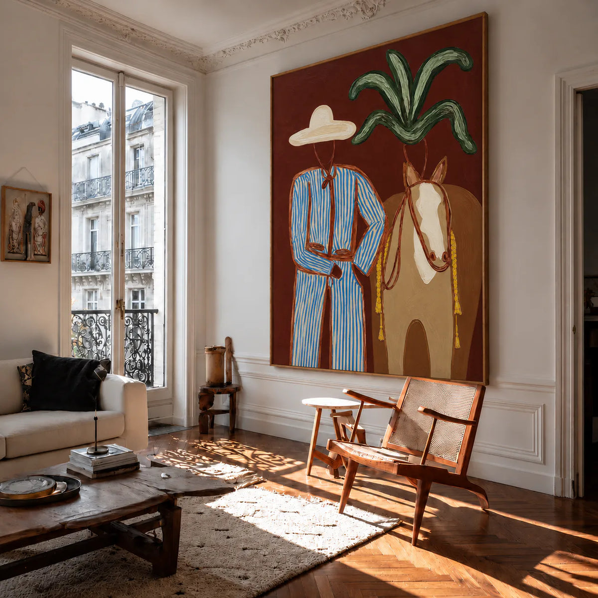 Blue-Striped Cowboy beside a Tan Horse Wall Art styled interior scene 4 | Olyrel