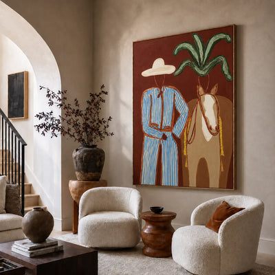 Blue-Striped Cowboy beside a Tan Horse Wall Art styled interior scene 5 | Olyrel
