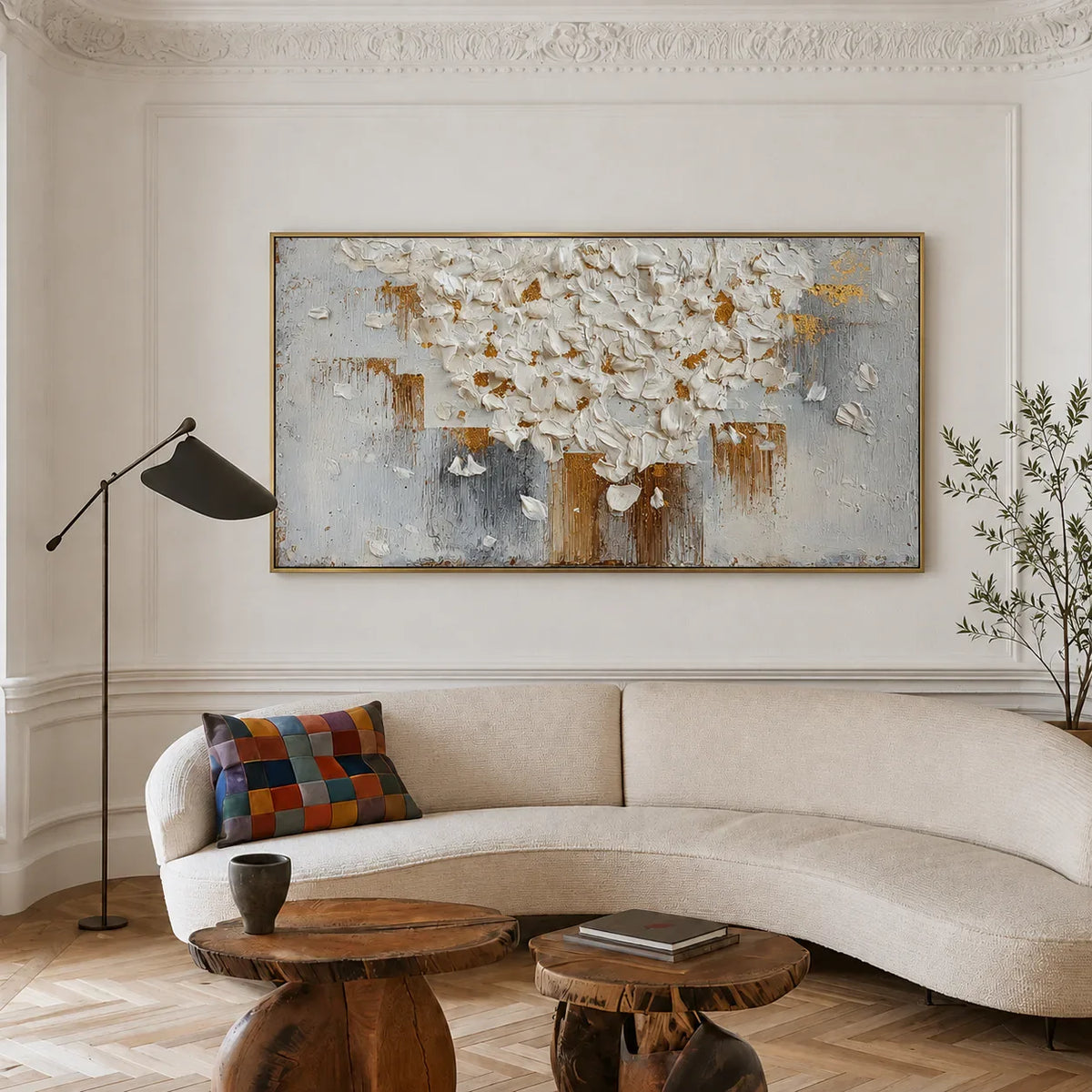 White Blossom Canopy with a Golden Trunk Wall Art styled interior scene 3 | Olyrel