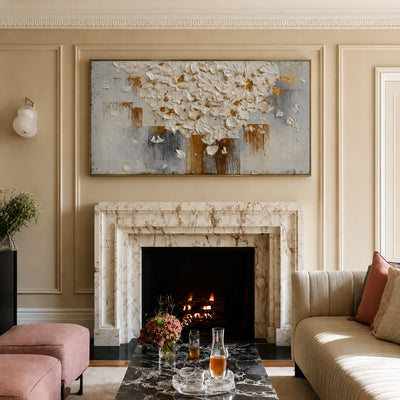 White Blossom Canopy with a Golden Trunk Wall Art styled interior scene 4 | Olyrel