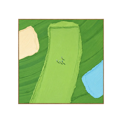 Tiny Golfers on a Lime Fairway beside Blue Water Wall Art | Olyrel