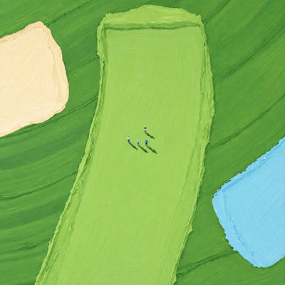Tiny Golfers on a Lime Fairway beside Blue Water Wall Art artwork view | Olyrel