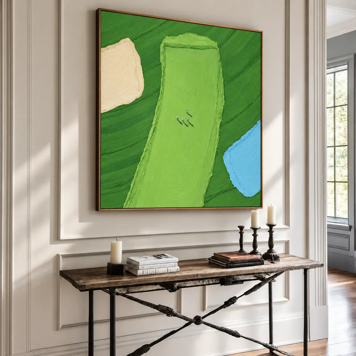Tiny Golfers on a Lime Fairway beside Blue Water Wall Art styled interior scene 1 | Olyrel