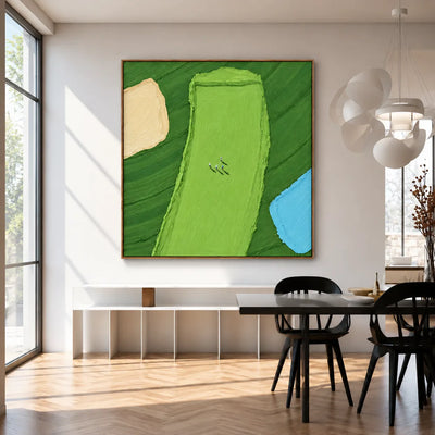 Tiny Golfers on a Lime Fairway beside Blue Water Wall Art styled interior scene 3 | Olyrel