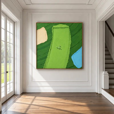 Tiny Golfers on a Lime Fairway beside Blue Water Wall Art styled interior scene 4 | Olyrel