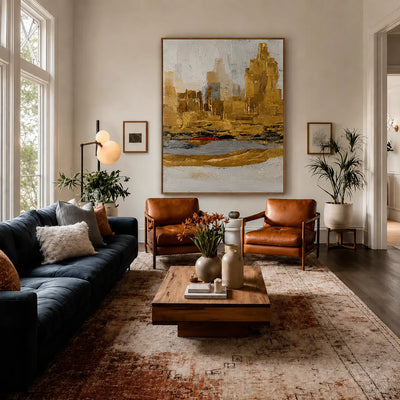 Golden Skyline above Gray and Ivory Layers Wall Art styled interior scene 1 | Olyrel