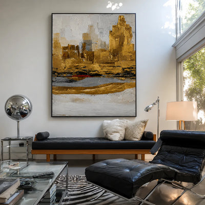 Golden Skyline above Gray and Ivory Layers Wall Art styled interior scene 2 | Olyrel