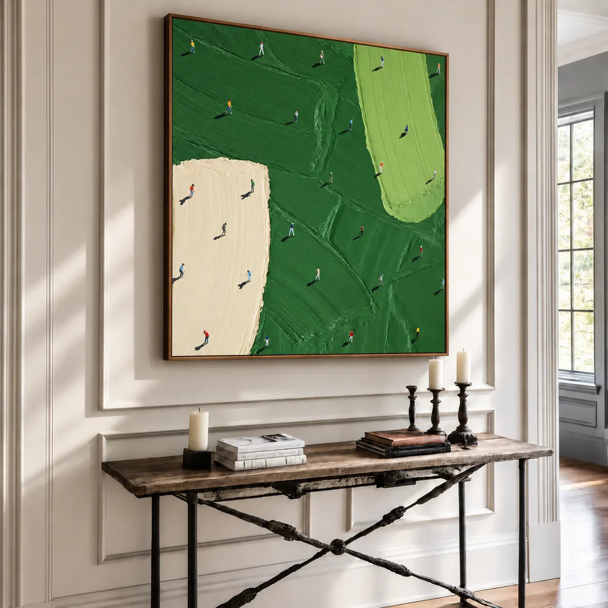 Scattered Golfers across Emerald and Cream Fields Wall Art styled interior scene 1 | Olyrel