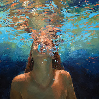 Underwater Swimmer beneath Golden Ripples Wall Art artwork view | Olyrel