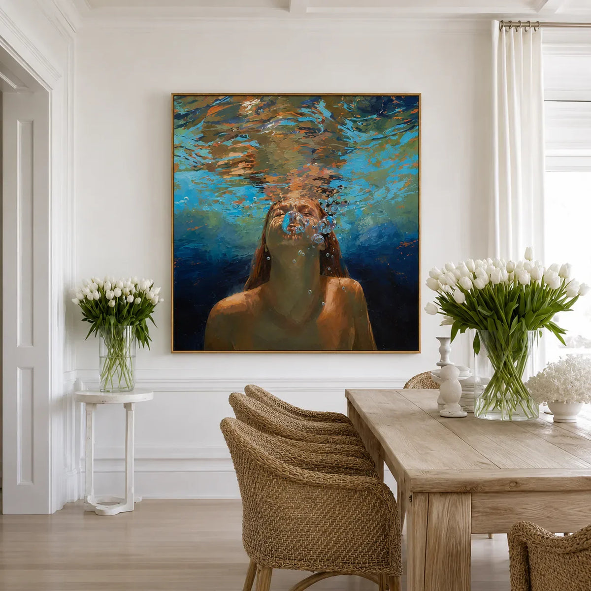 Underwater Swimmer beneath Golden Ripples Wall Art styled interior scene 2 | Olyrel
