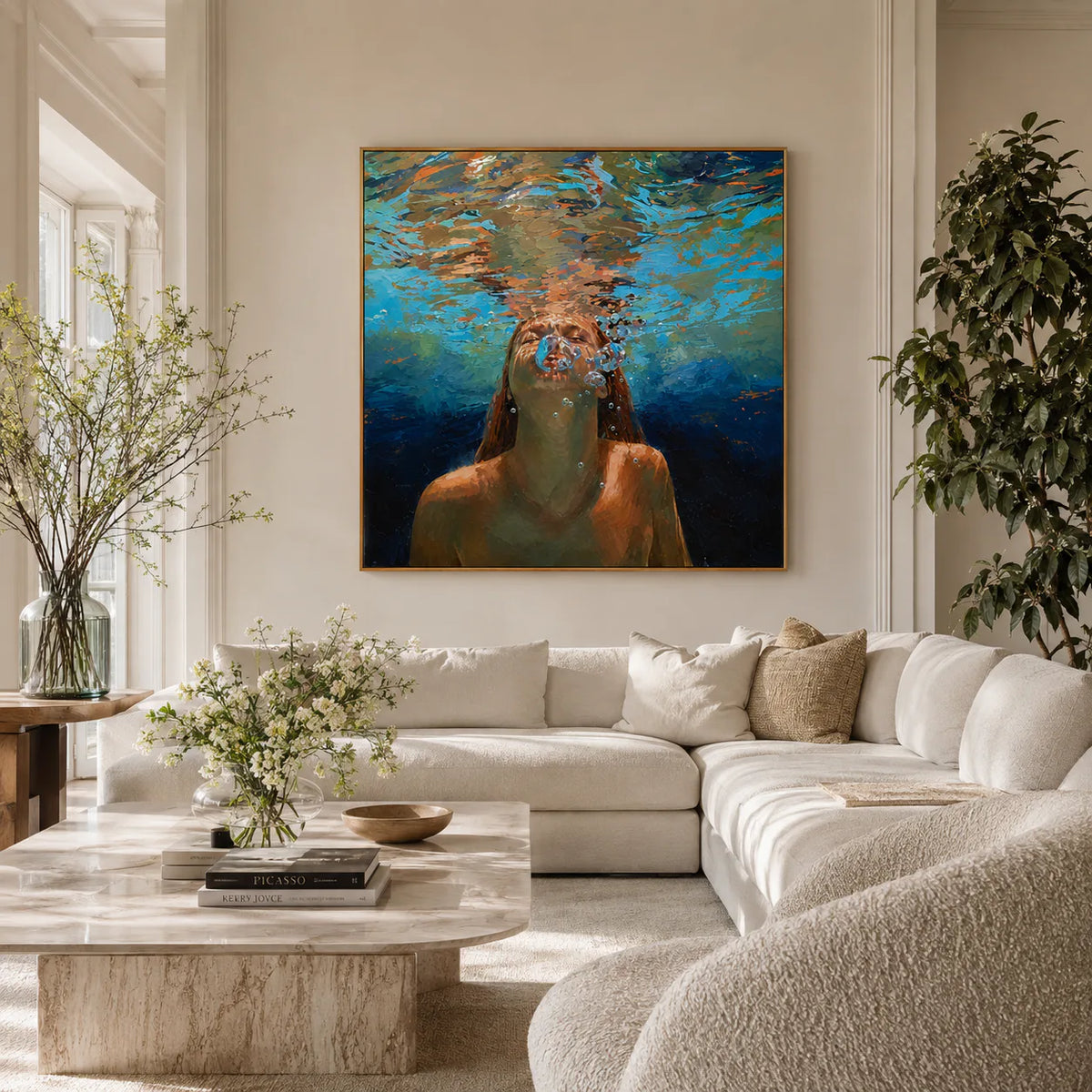 Underwater Swimmer beneath Golden Ripples Wall Art styled interior scene 3 | Olyrel