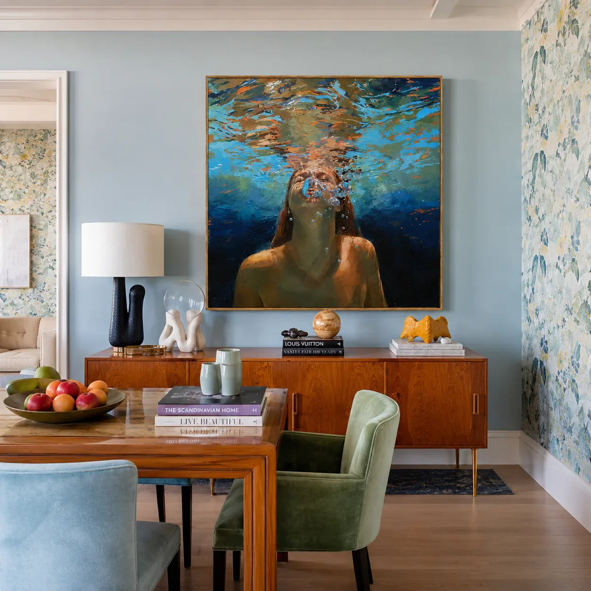 Underwater Swimmer beneath Golden Ripples Wall Art styled interior scene 4 | Olyrel