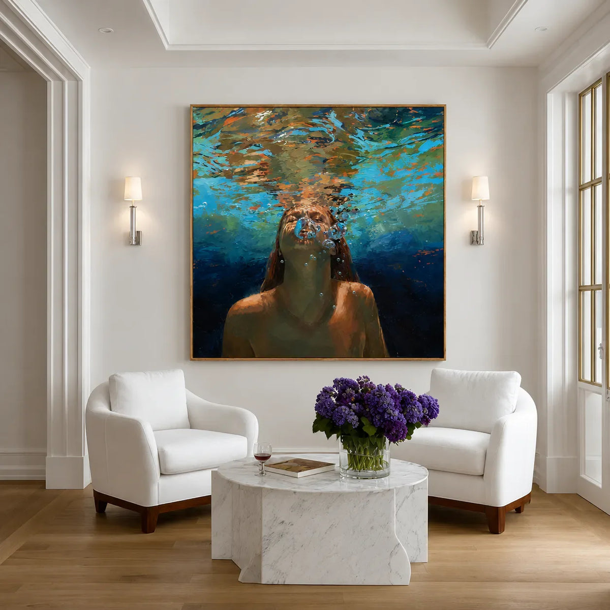 Underwater Swimmer beneath Golden Ripples Wall Art styled interior scene 5 | Olyrel