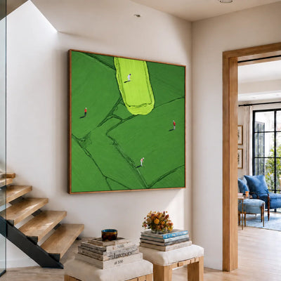 Four Golfers among Broad Green Brushstrokes Wall Art styled interior scene 5 | Olyrel