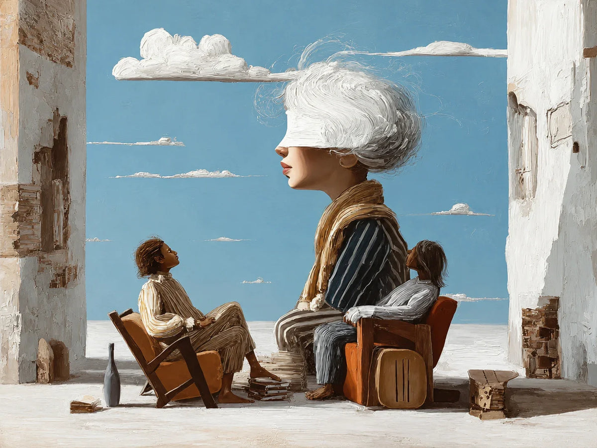 White-Haired Dreamer on a Blue-Sky Terrace Wall Art artwork view | Olyrel
