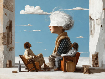 White-Haired Dreamer on a Blue-Sky Terrace Wall Art artwork view | Olyrel