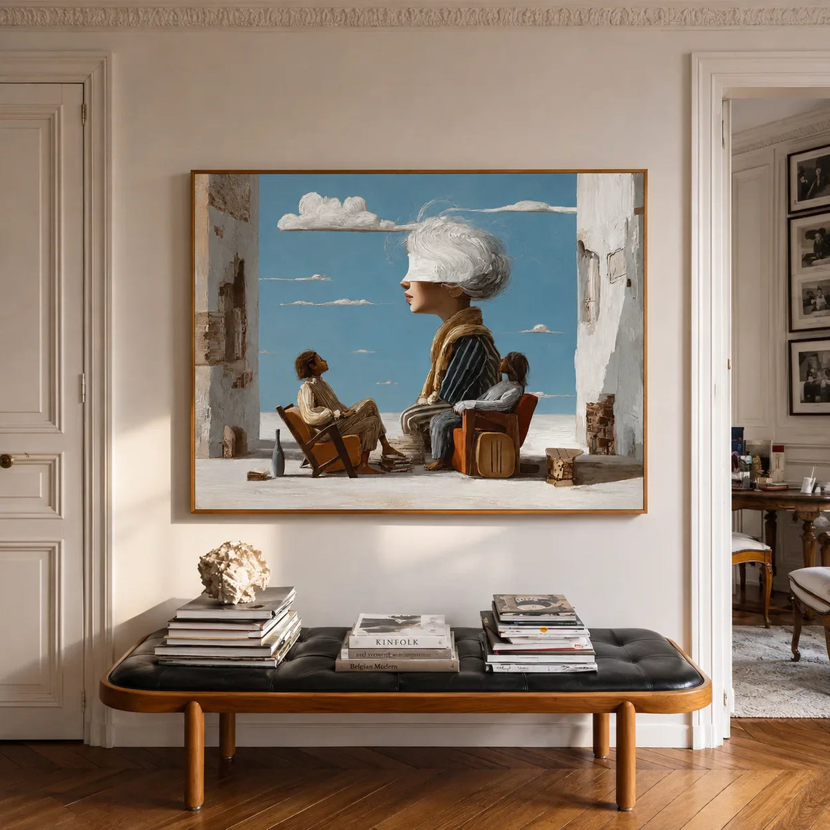 White-Haired Dreamer on a Blue-Sky Terrace Wall Art styled interior scene 1 | Olyrel